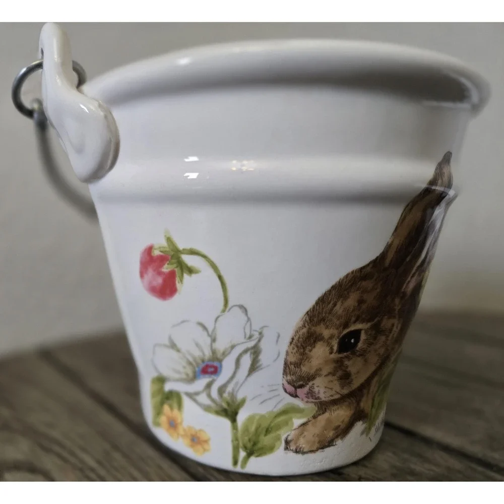 Maxcera Ceramic Bunny Floral Bucket Basket With Wooden Handle Easter Spring